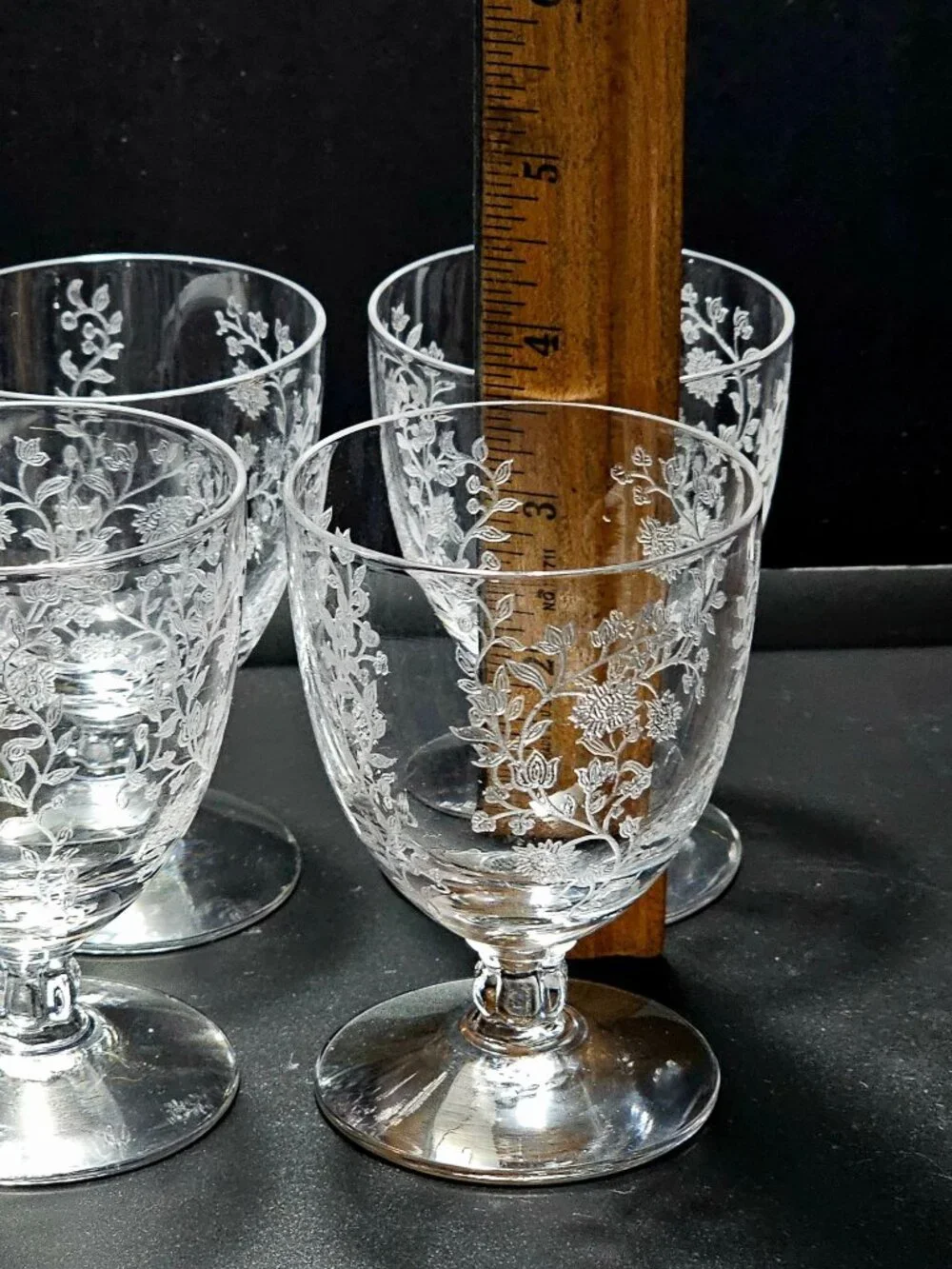 4 Fostoria Rambler Cocktail Glasses vtg Floral Etched Cordial Aperitif 3.5